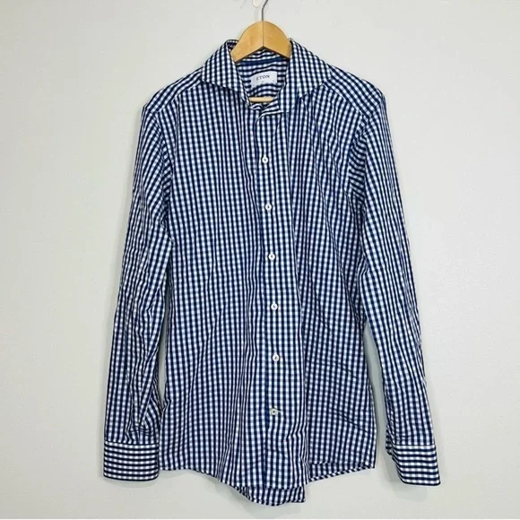 Eton Blue/White Plaid Contemporary Slim Poplin Dress Shirt 4216.5
